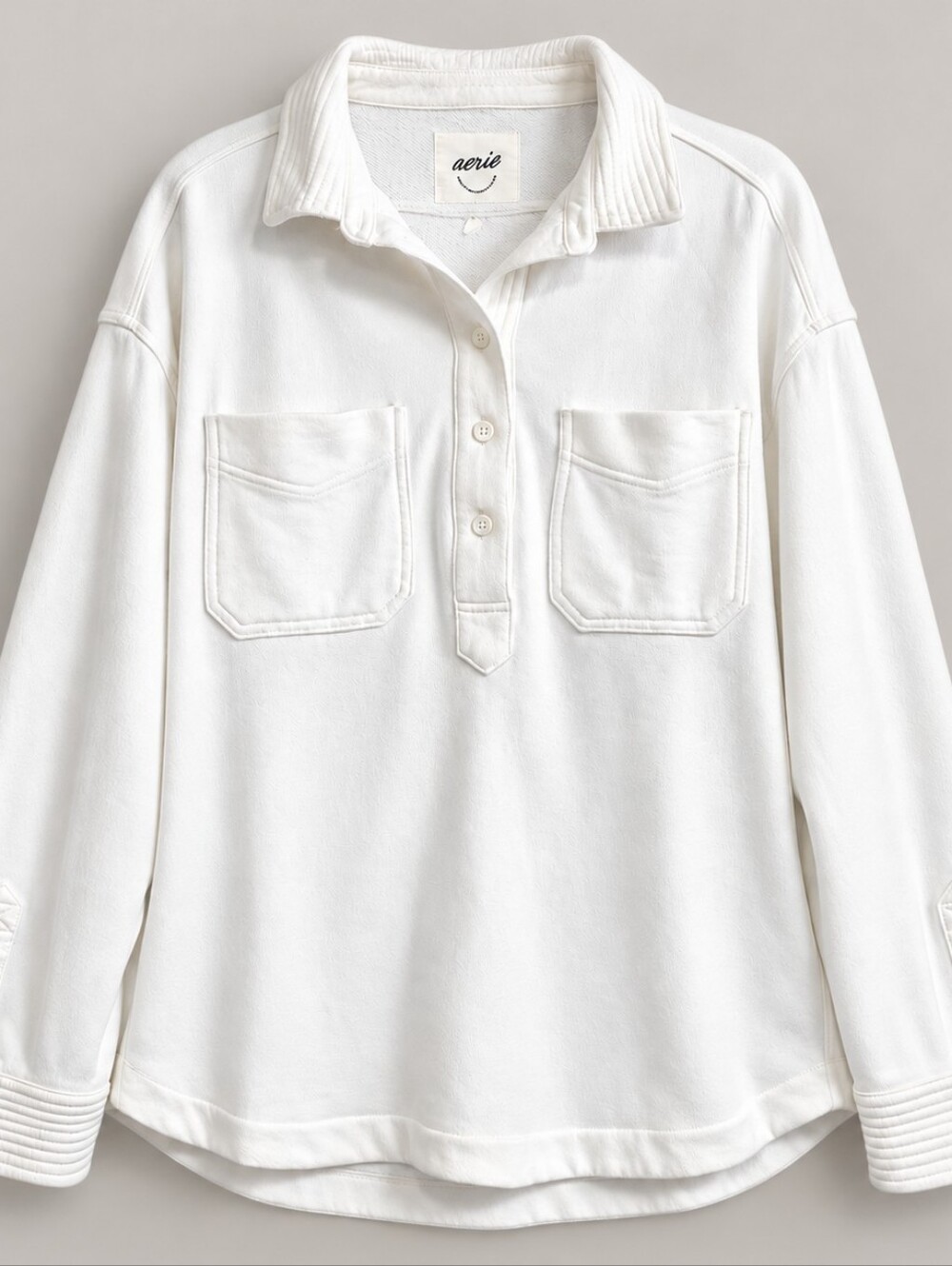 Aerie White Collared Henley Oversized Sweatshirt Pullover S/P